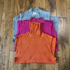 Vintage Lot of 3 Sweater Tank Mock Neck 100% Silk Women's L/XL Stretch Pink Blue